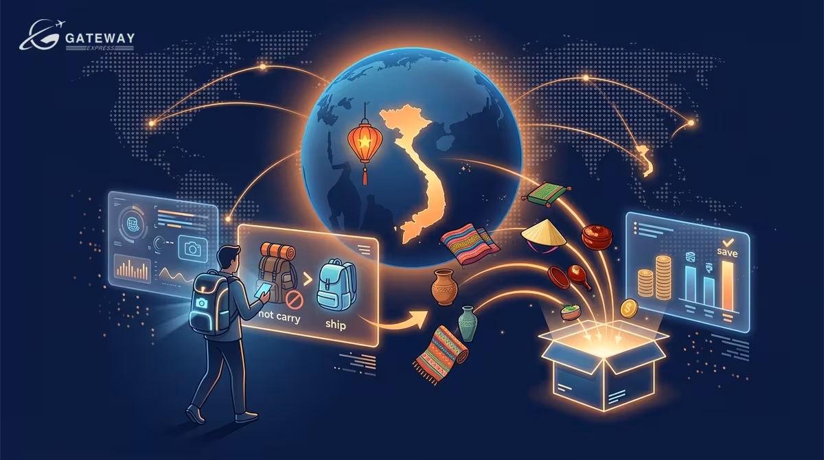 Backpacker with souvenirs ready to ship from Vietnam